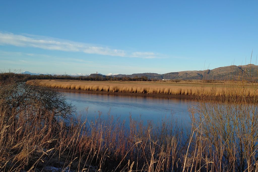 A view from Fallin of the River Forth, with the Wallace Monument in the background