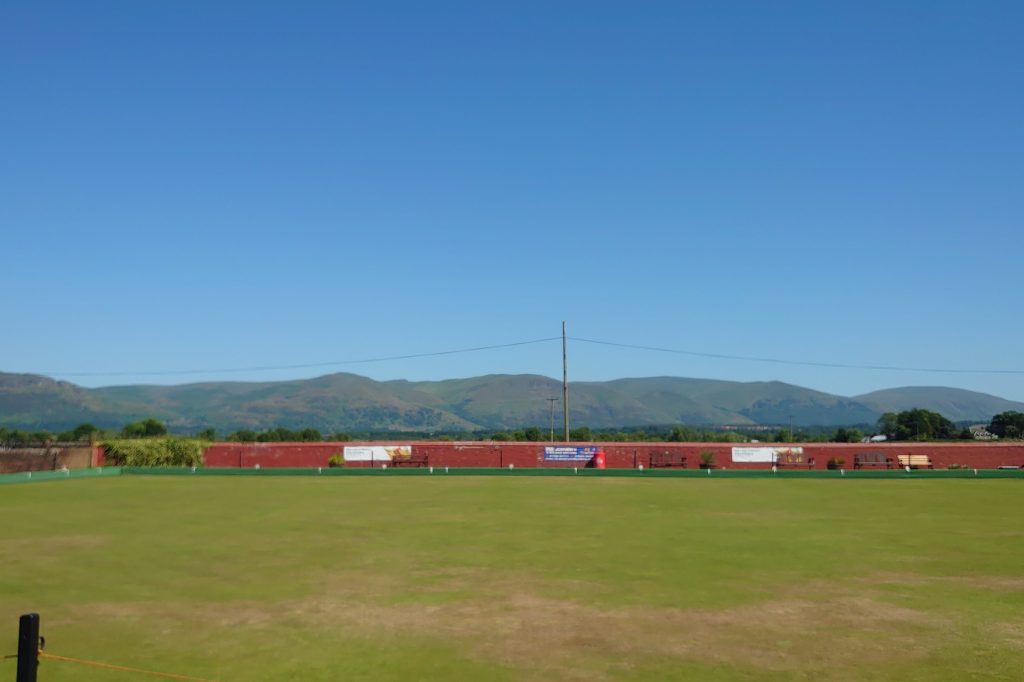Polmaise Bowling Club, in Fallin near Stirling, Central Scotland. The Ochil Hills are in the background.